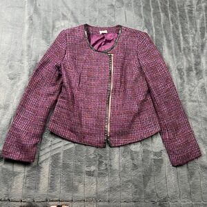 Jaclyn Smith Collection Purple Tweed Asymmetric Zip Jacket Faux Leather Trim S